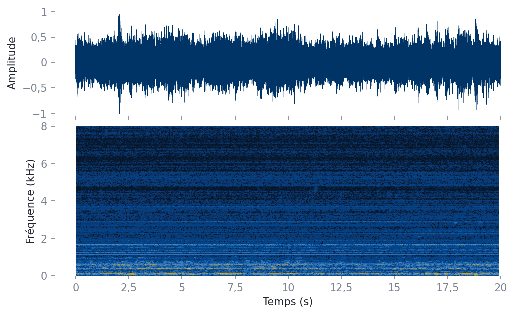 Forme d’onde et spectrogramme d’un enregistrement Gen 1 de 20 secondes.