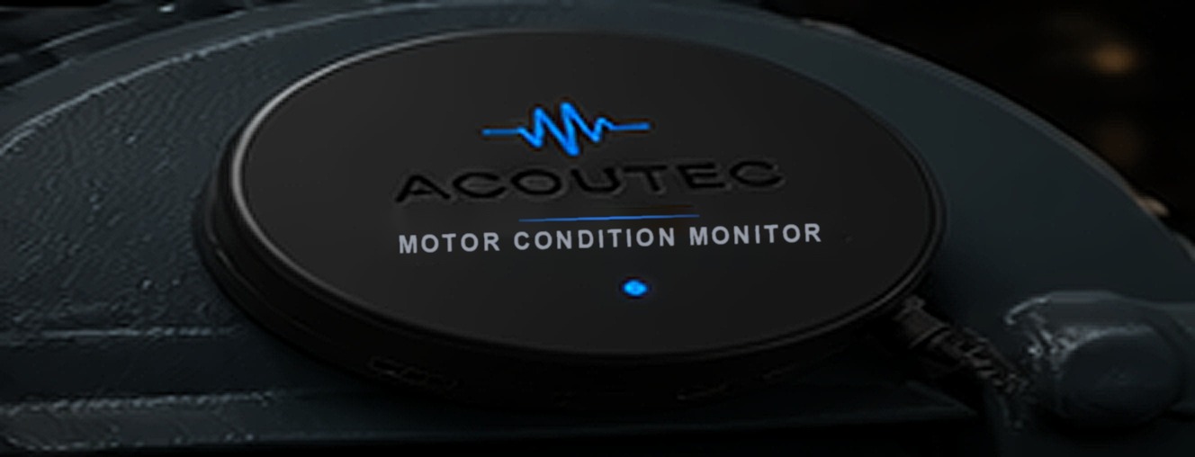 Concept render of the AcouTec sensing unit: a round black enclosure with the AcouTec logo and a blue indicator light, resting on a motor housing.